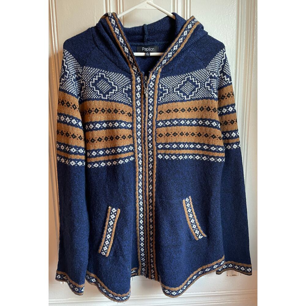 Papillon Cabin Chic Aztec Print Hooden Zip Sweater Blue Womens Large